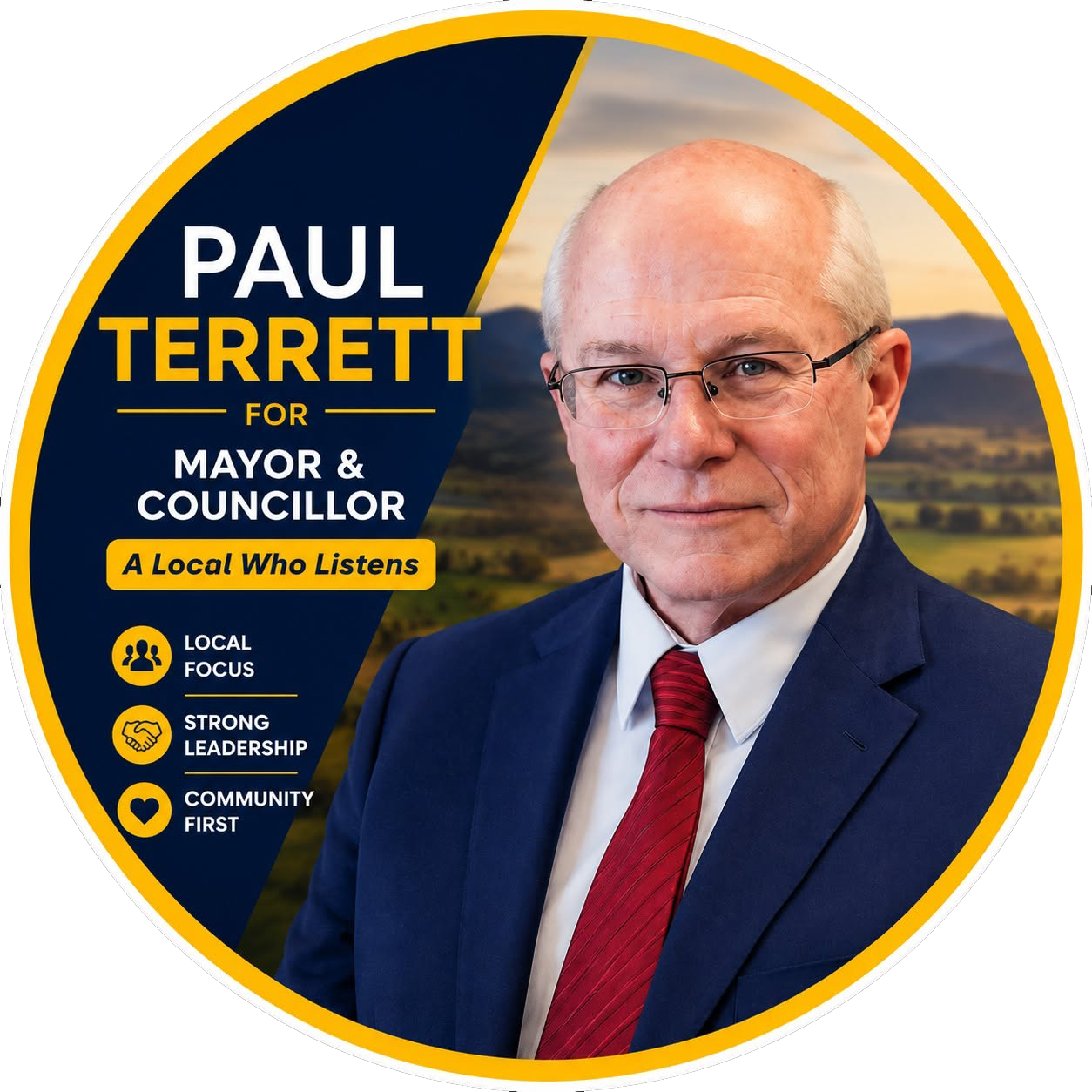 Paul Terrett, candidate for Mayor and Councillor, against a Northern Midlands landscape.